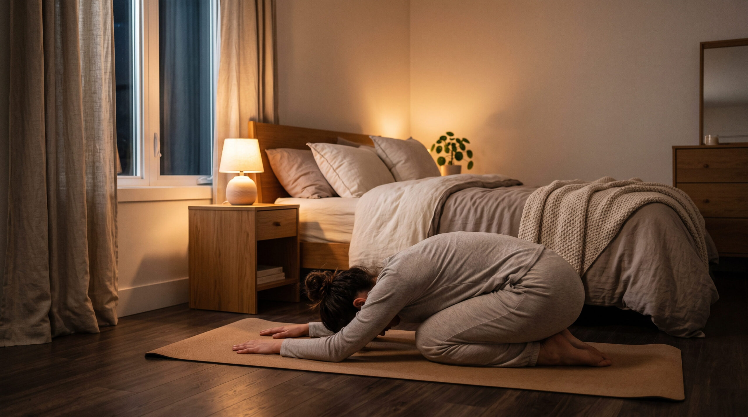 Woman doing a gentle bedtime stretching routine in a cozy bedroom to help relax and sleep better at night.