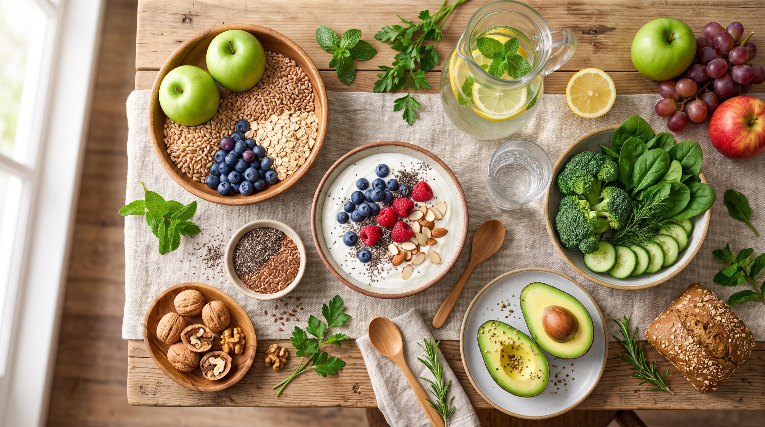 Healthy foods that support colon health including leafy greens, berries, apples, oats, yogurt, chia seeds, broccoli, cucumbers, and a glass of water arranged on a bright wooden table.