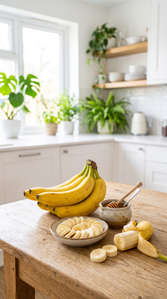 Whole and sliced bananas on a wood table with a small dish of honey.