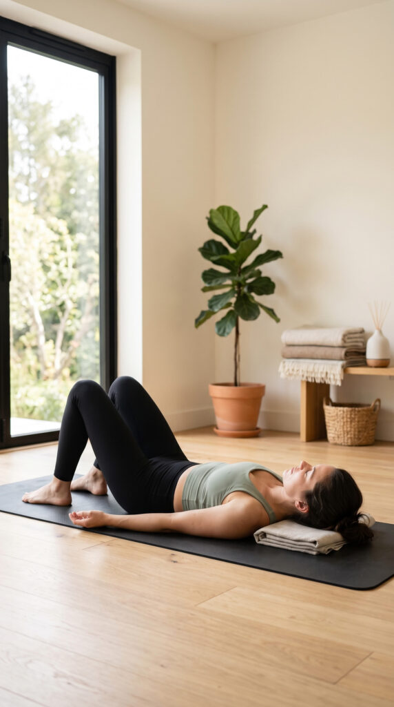 Woman lying on a yoga mat with knees bent while practising a basic slow Kegel exercise in a bright home yoga studio.
