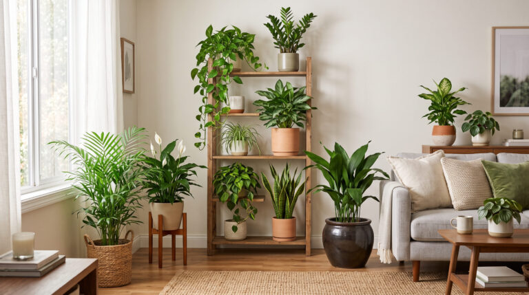 Best low light indoor plants for beginners displayed in a bright modern living room with snake plant, ZZ plant, pothos, peace lily, and other easy-care houseplants.