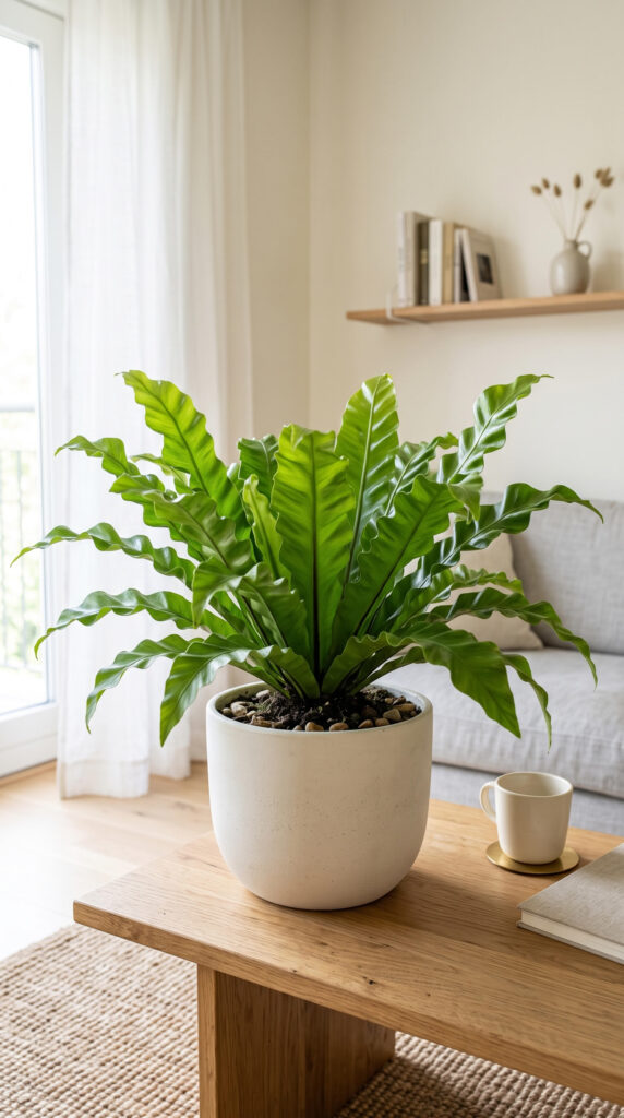 Lush Bird's Nest Fern with vibrant wavy green fronds growing in a modern ceramic planter indoors.
