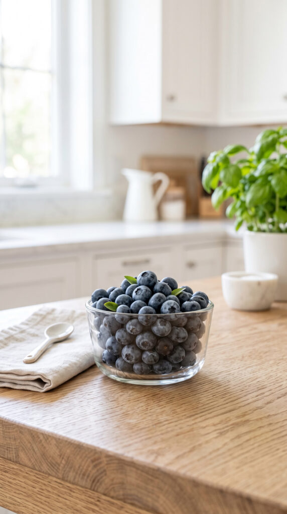 Fresh blueberries in a small glass bowl on a wood table.