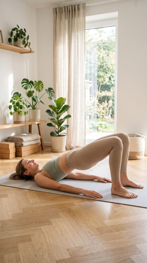 Woman performing a bridge exercise while engaging her pelvic floor muscles on a yoga mat.