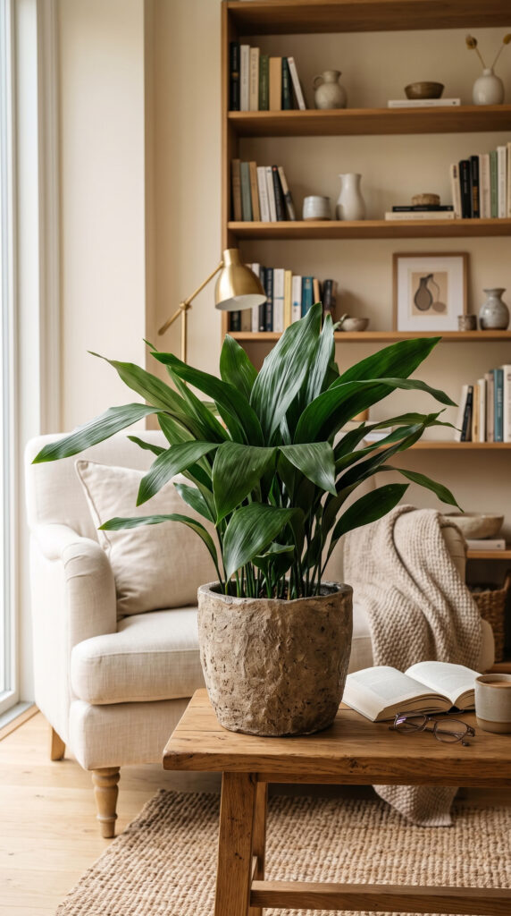 Healthy Cast Iron Plant with broad deep green leaves thriving in a minimalist indoor living space.