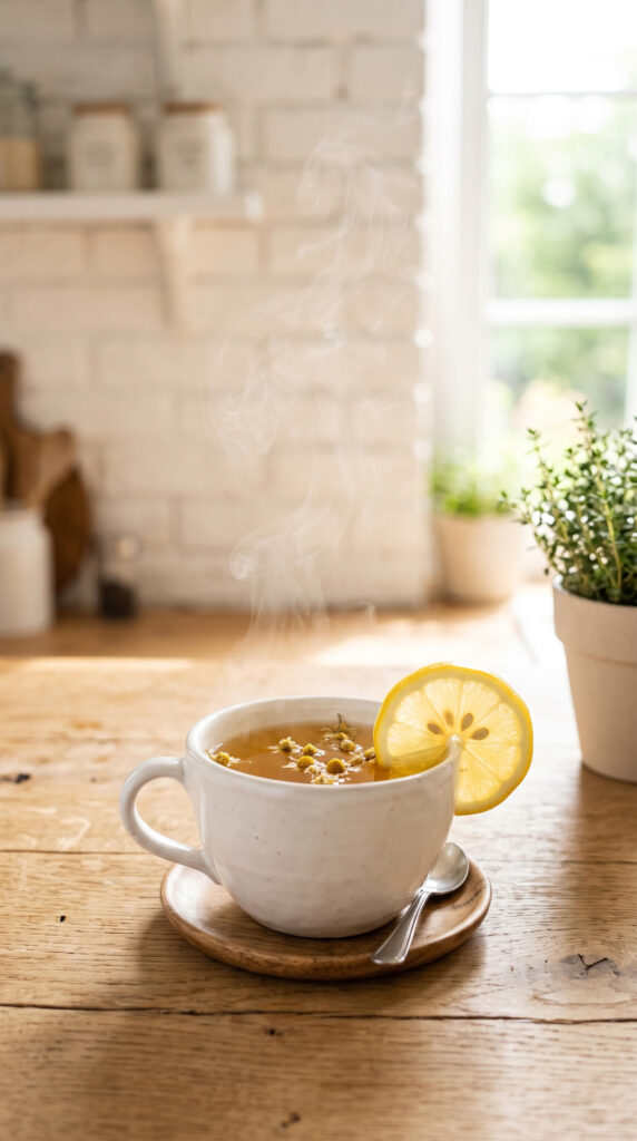 A white ceramic cup of chamomile tea with a lemon slice, steam rising.