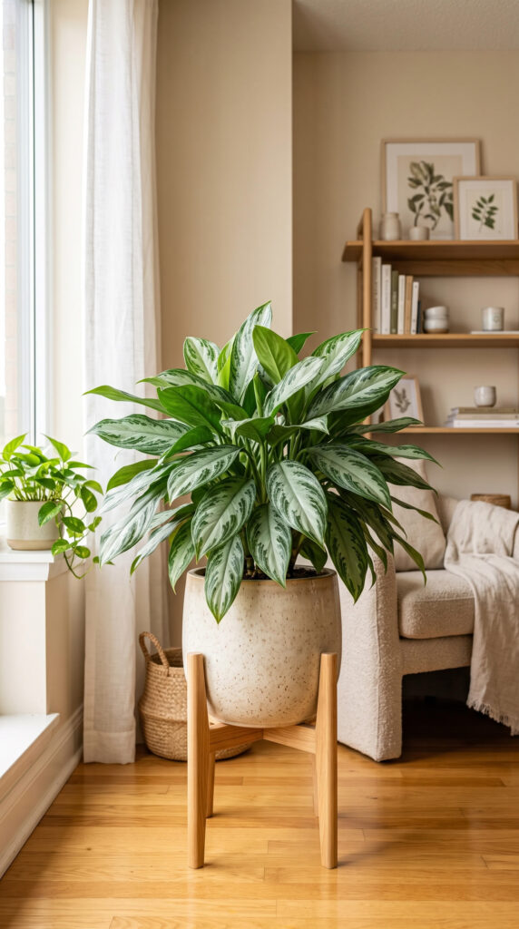 Chinese Evergreen with beautiful silver and green variegated leaves growing in a modern indoor planter.