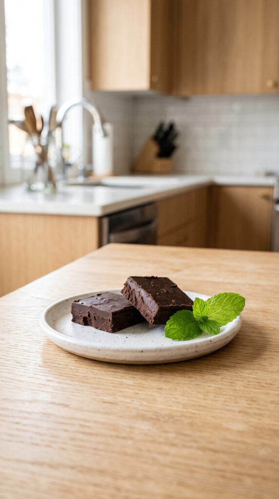 Two squares of dark chocolate on a small white dish with a mint leaf beside them.