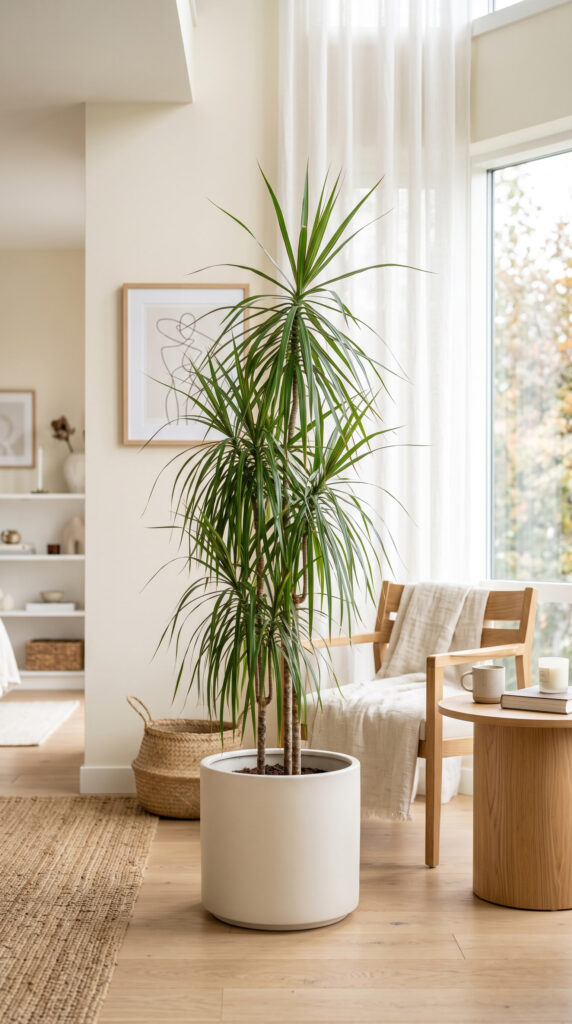 Tall Dracaena plant with slender arching leaves growing in a stylish floor planter inside a modern home.