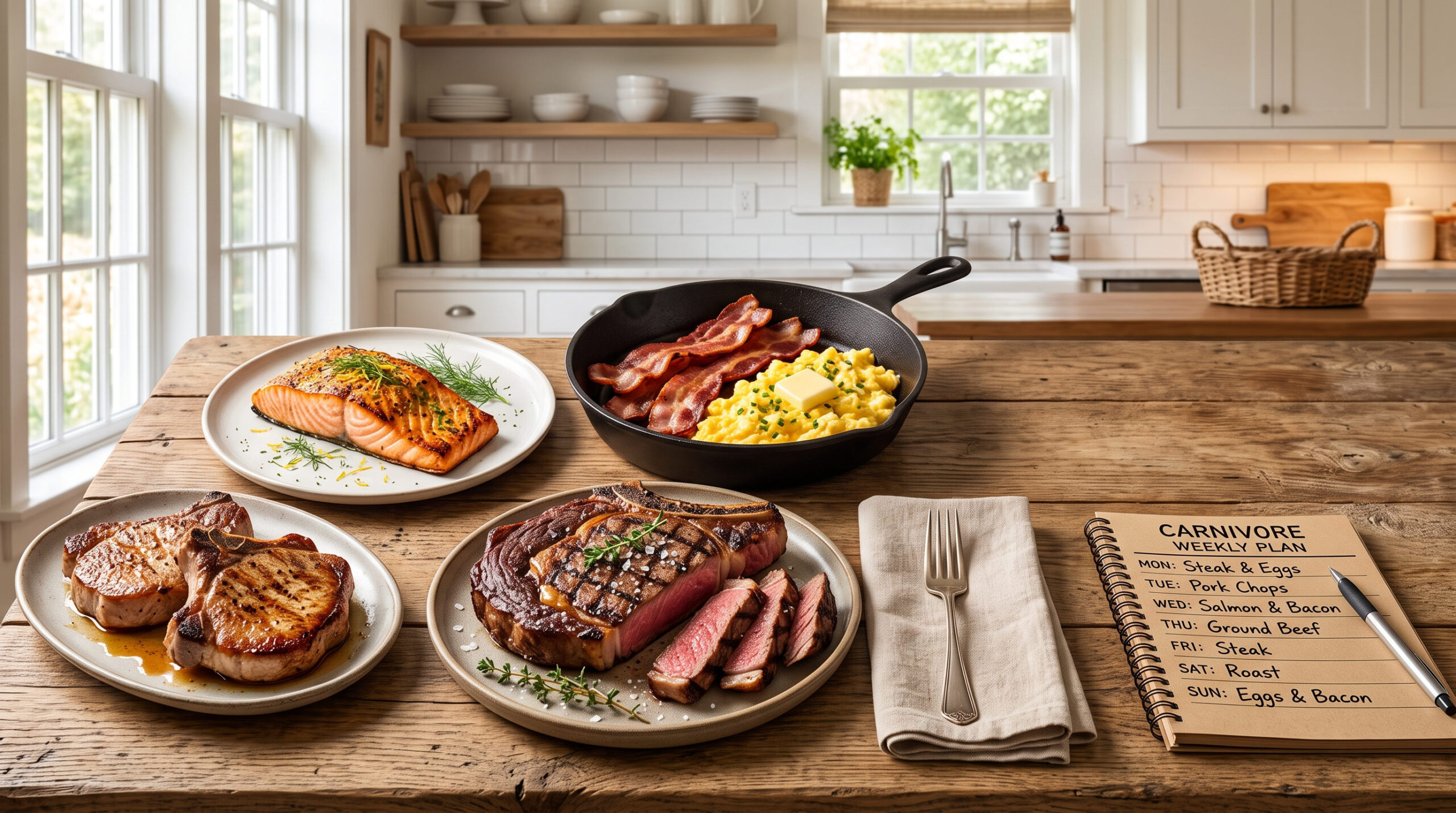 Easy 7 day carnivore diet meal plan featuring steak, eggs, bacon, salmon, and other beginner-friendly animal-based meals arranged on a rustic kitchen table.