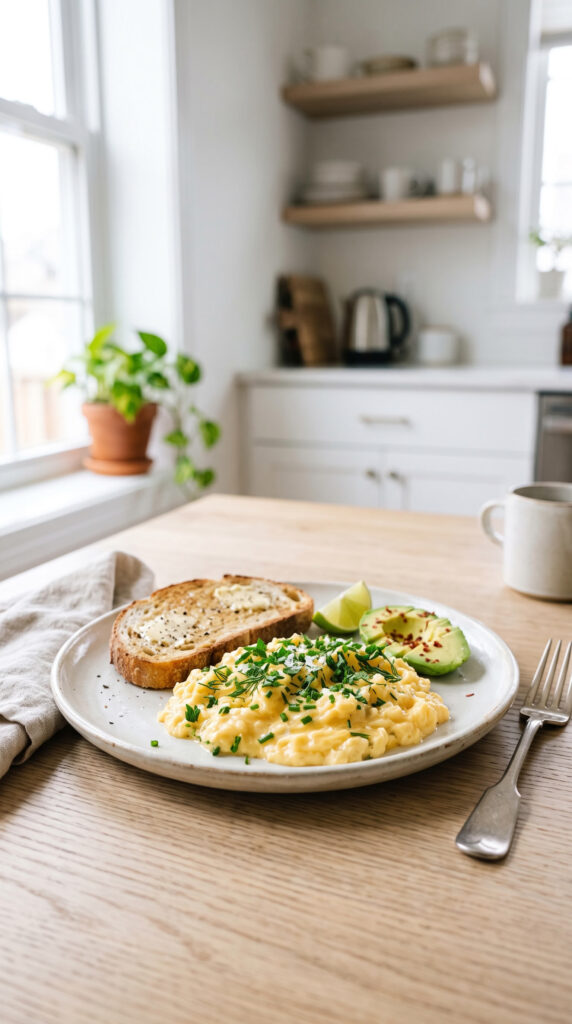 A plate of soft scrambled eggs garnished with herbs.