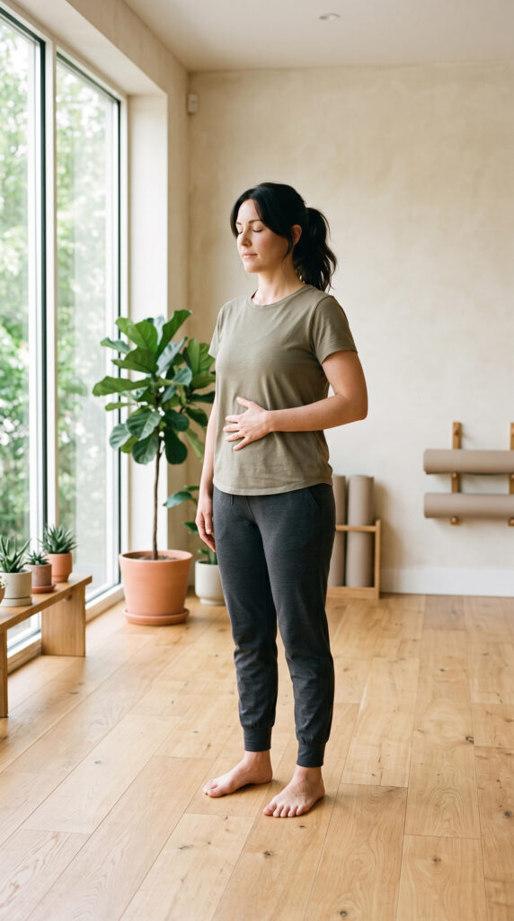 Woman standing calmly while practising the elevator Kegel technique to strengthen the pelvic floor muscles.