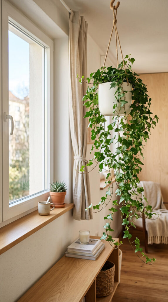 Cascading English Ivy with rich green trailing vines growing from a hanging planter near a bright window.