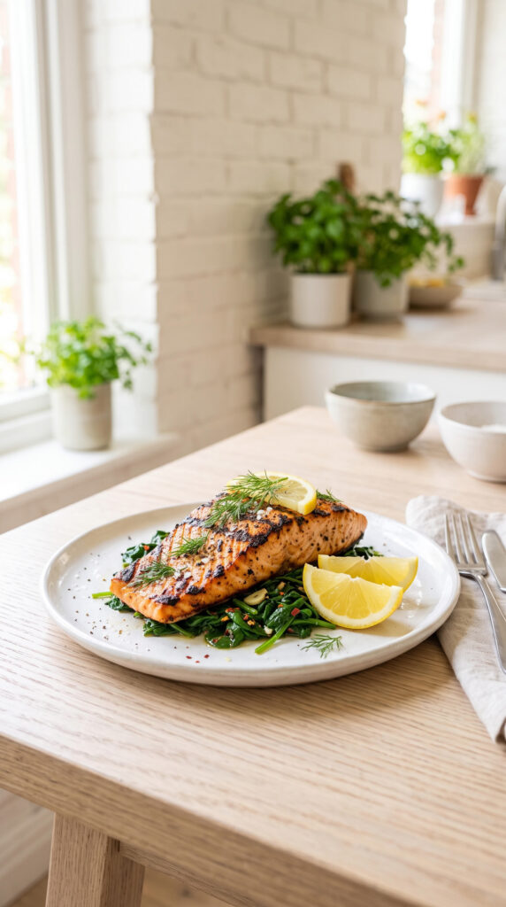 A grilled salmon fillet with sautéed spinach on a white plate, garnished with lemon slices and dill.