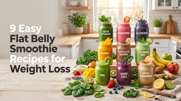 A collection of nine colorful healthy fruit and vegetable smoothies with fresh ingredients arranged on a wooden table in a bright kitchen, illustrating easy smoothie recipes for healthy weight loss.