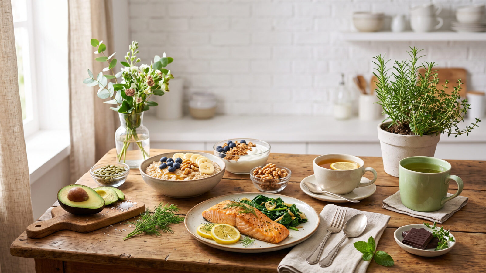 Kitchen table with healthy anti anxiety foods