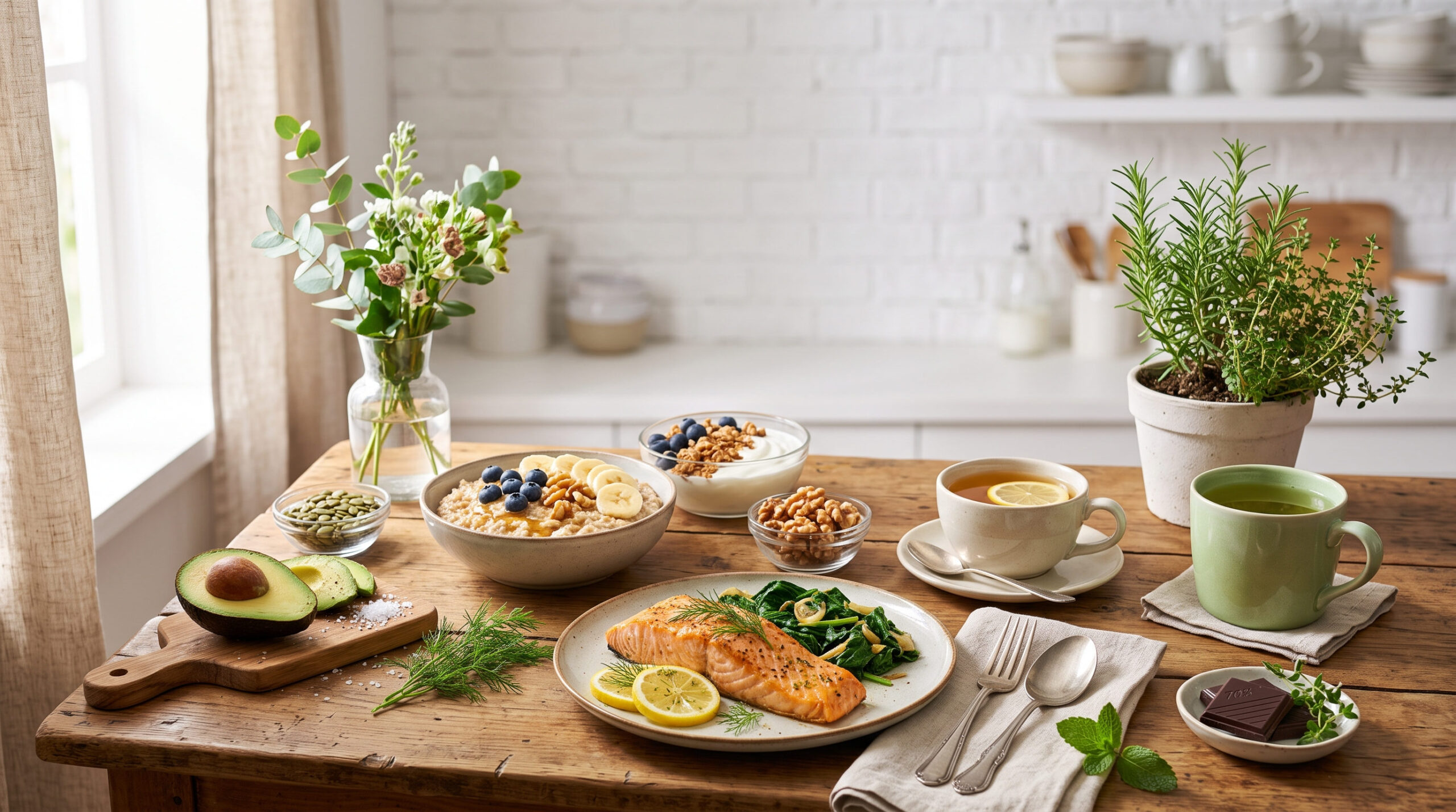Kitchen table with healthy anti anxiety foods