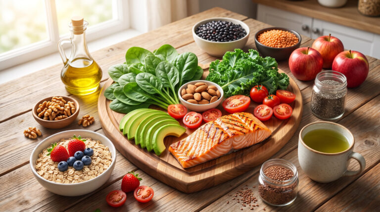 A colorful heart-healthy meal featuring salmon, oats, berries, avocado, leafy greens, nuts, olive oil, tomatoes, and beans arranged on a wooden table in natural daylight.