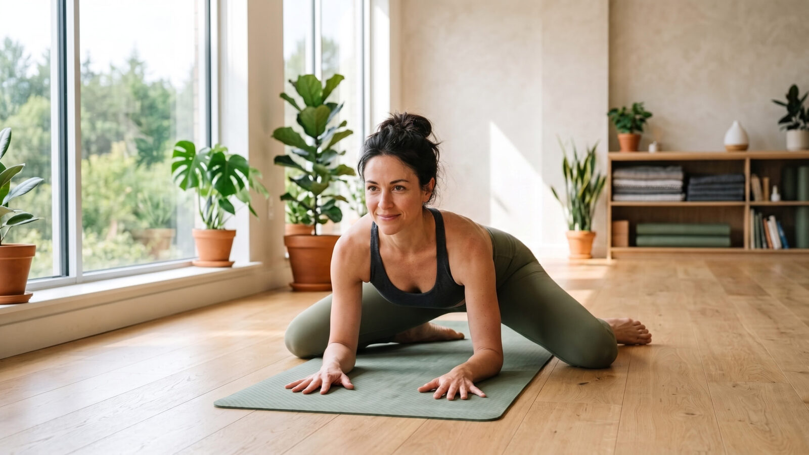 Woman practicing Frog Pose in a bright yoga studio to improve hip flexibility, mobility, and overall movement.