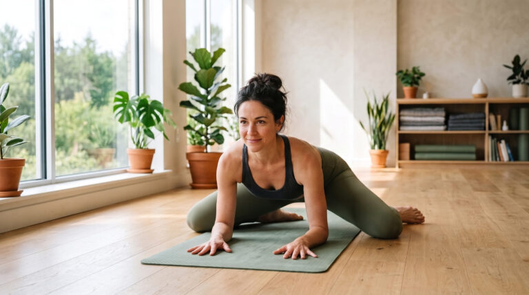Woman practicing Frog Pose in a bright yoga studio to improve hip flexibility, mobility, and overall movement.
