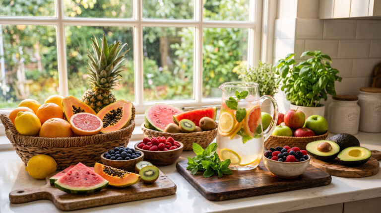 A colorful assortment of fresh fruits including lemons, blueberries, apples, oranges, kiwi, papaya, pineapple, watermelon, grapefruit, and avocado displayed on a bright kitchen counter to represent natural body cleanse and skin care through healthy eating.