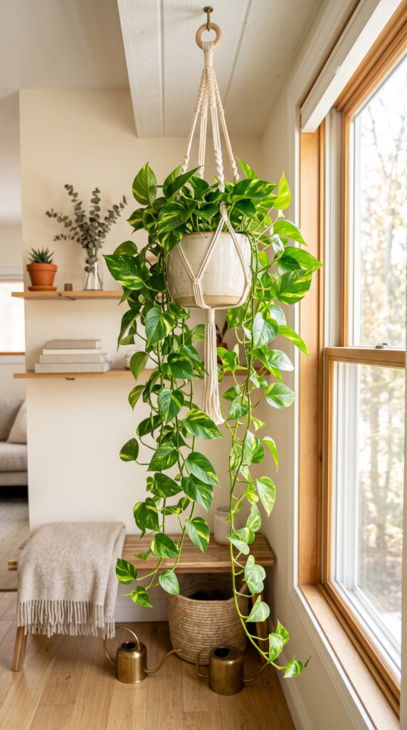 Trailing Pothos with vibrant green and golden variegated leaves cascading from a hanging planter indoors.