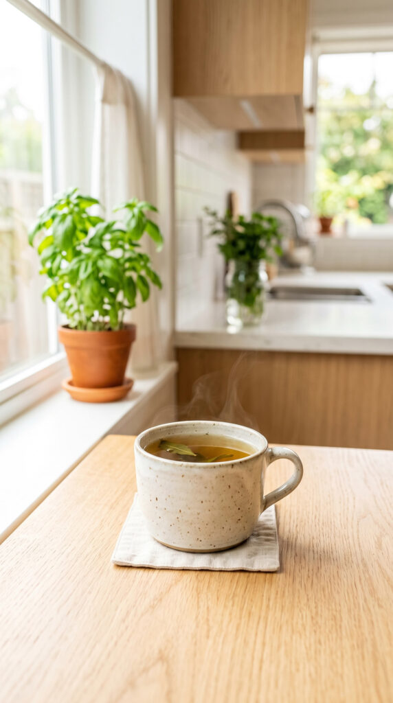 A mug of green tea with steam rising, on a wood table.