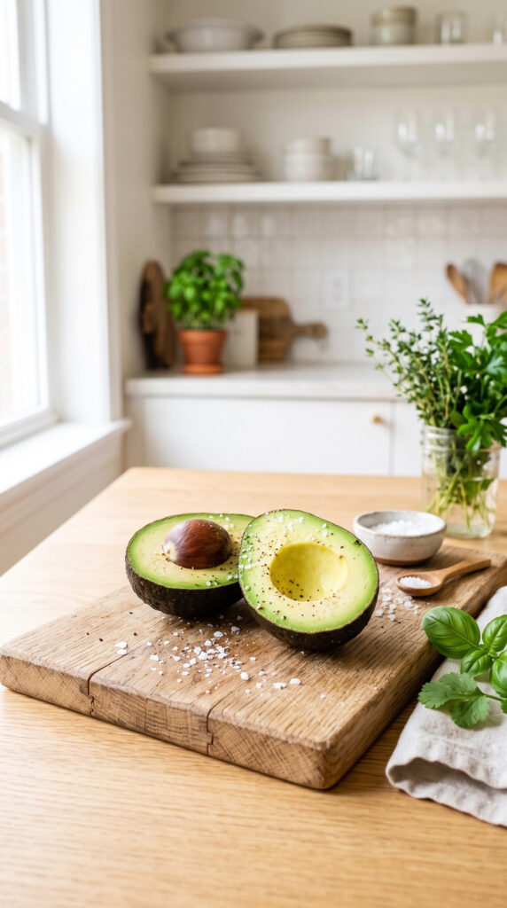 A halved avocado on a wooden cutting board with a sprinkle of sea salt.