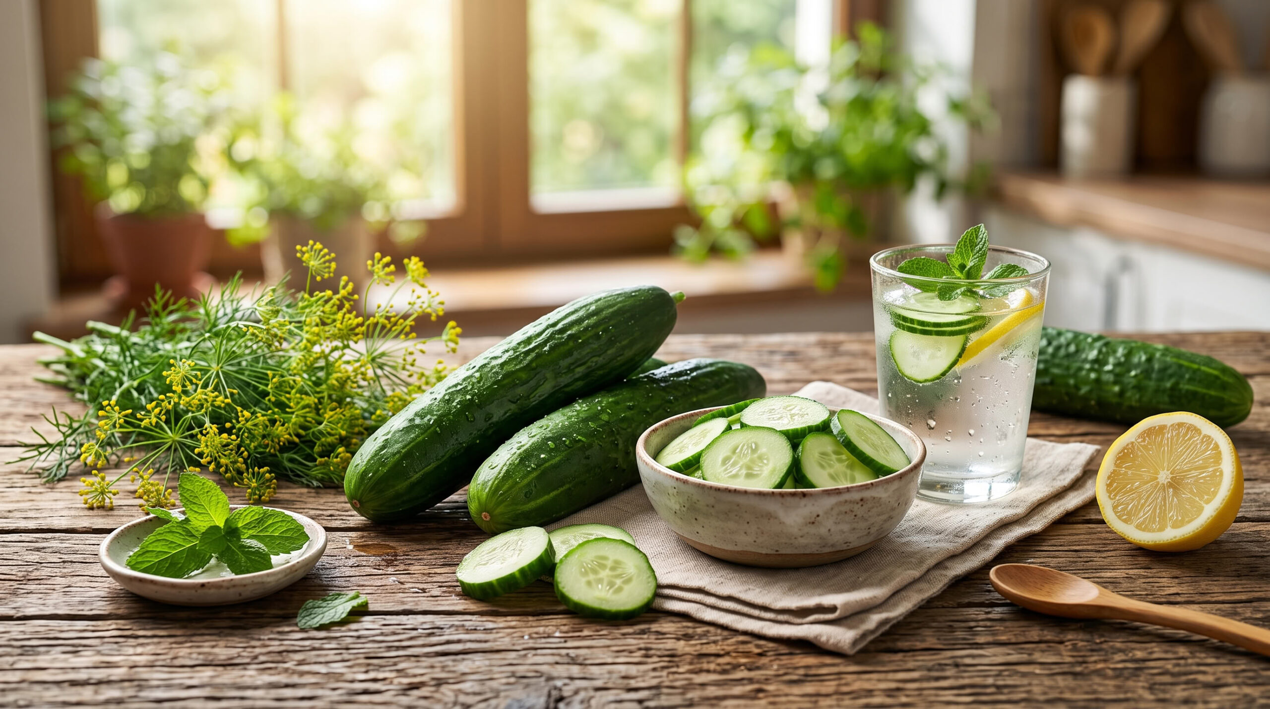 Fresh whole and sliced cucumbers on a rustic wooden table with water droplets, herbs, and natural sunlight highlighting the health benefits of eating cucumbers.