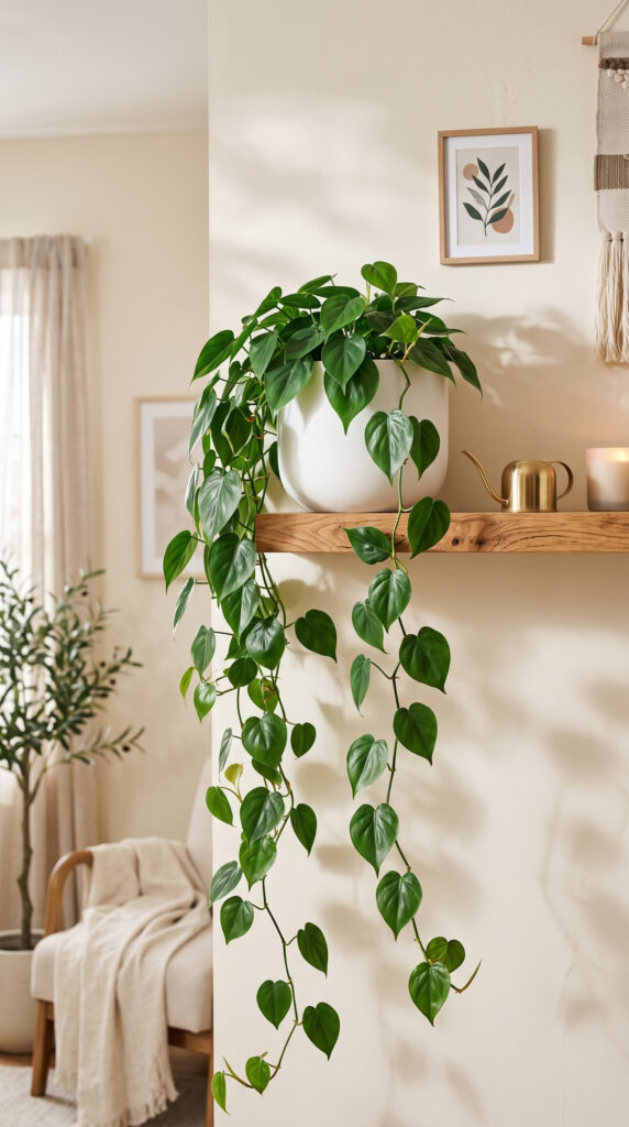 Heartleaf Philodendron with lush trailing heart-shaped green leaves displayed in a ceramic planter indoors.