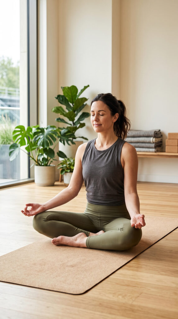 Woman sitting cross-legged and practising long hold Kegel exercises with calm breathing in a bright yoga studio.