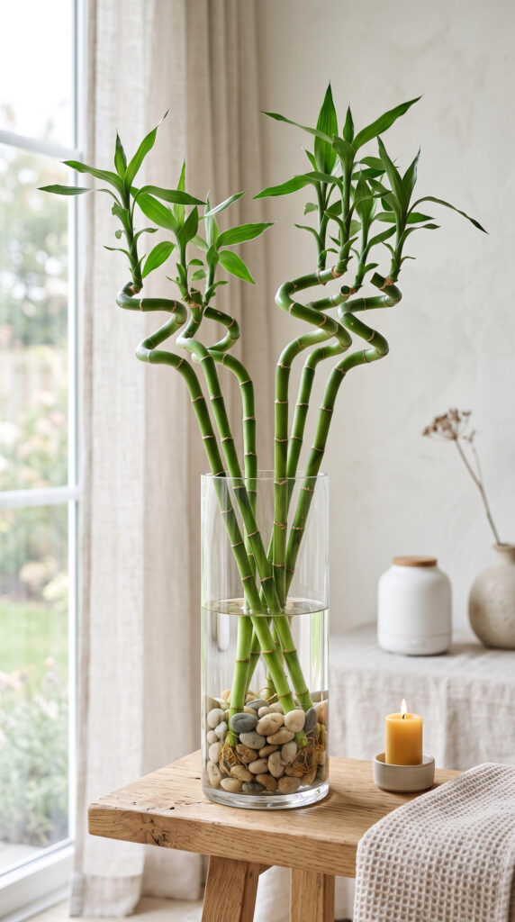 Lucky Bamboo arranged in a glass vase with decorative pebbles on a bright indoor tabletop.