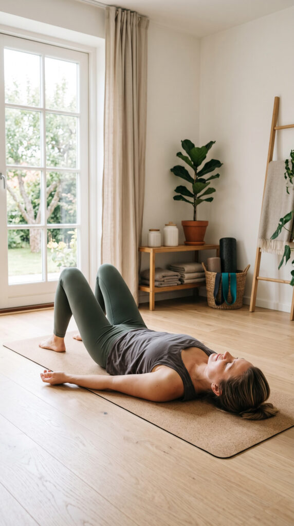 Woman lying comfortably on a yoga mat demonstrating a lying down Kegel exercise for beginners.