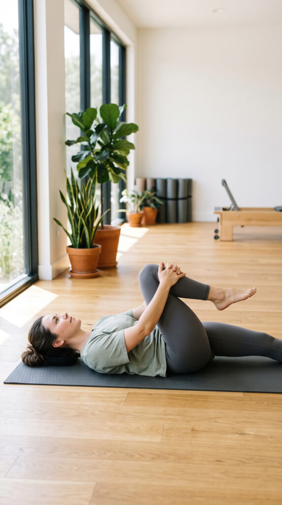 Woman lying on a yoga mat performing a marching Kegel exercise with one knee raised.