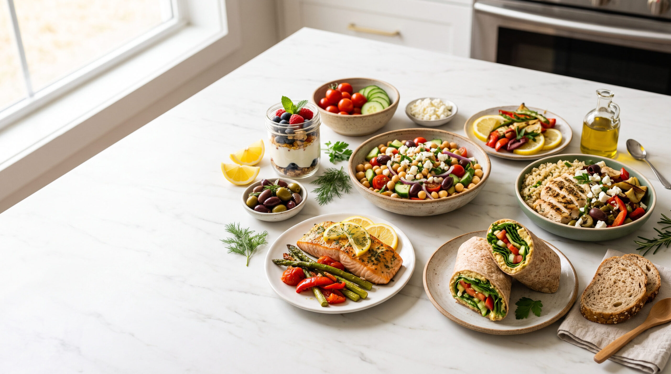 A colorful Mediterranean meal spread for one featuring grilled salmon, Greek chickpea salad, a quinoa bowl, hummus wrap, Greek yogurt with berries, fresh vegetables, olives, feta cheese, olive oil, and whole grain bread on a white marble countertop.