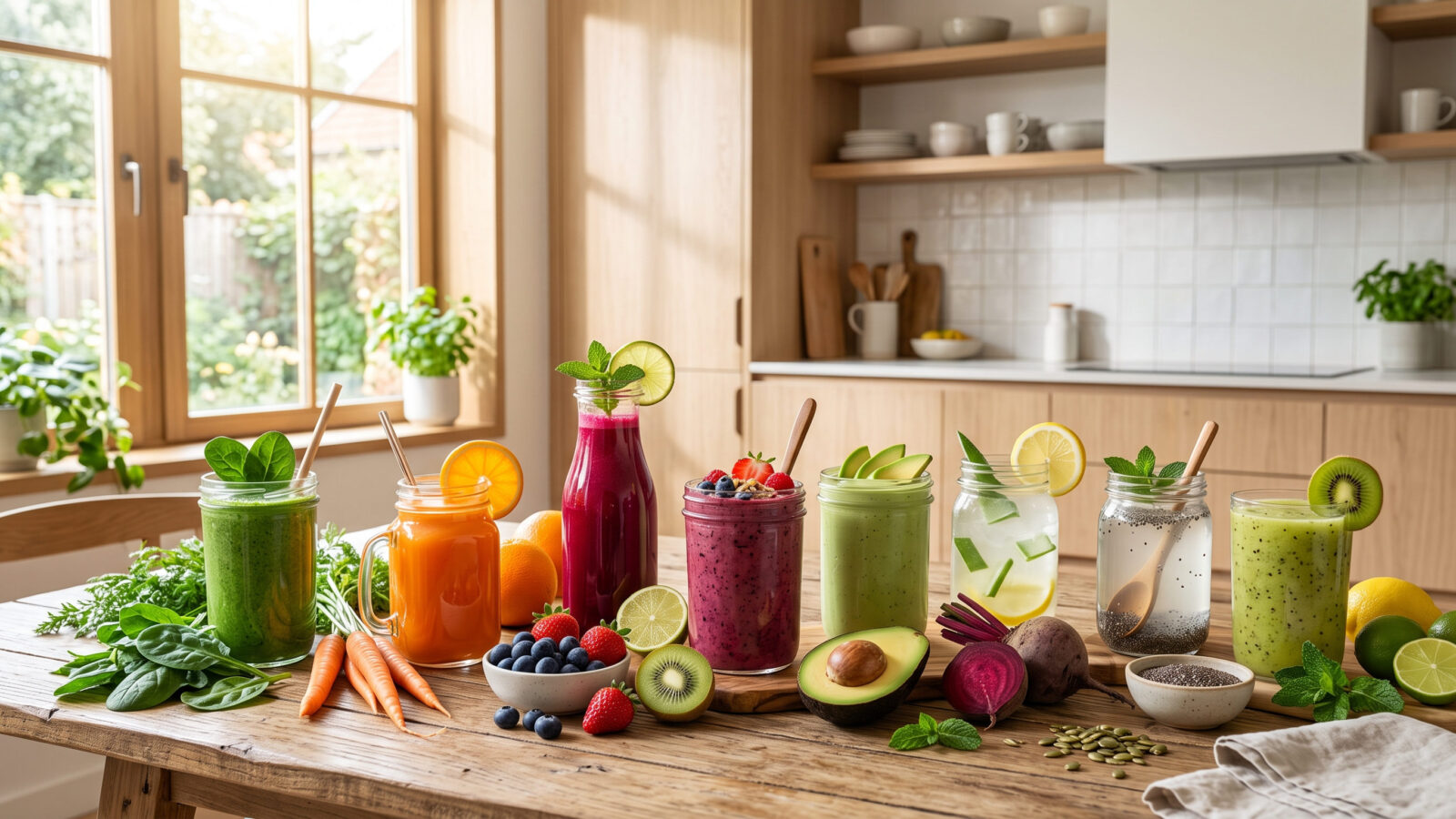 Colorful homemade natural drinks for healthy hair growth, including green smoothies, fresh fruit juices, beetroot juice, carrot juice, and berry smoothies made with nutrient-rich ingredients.