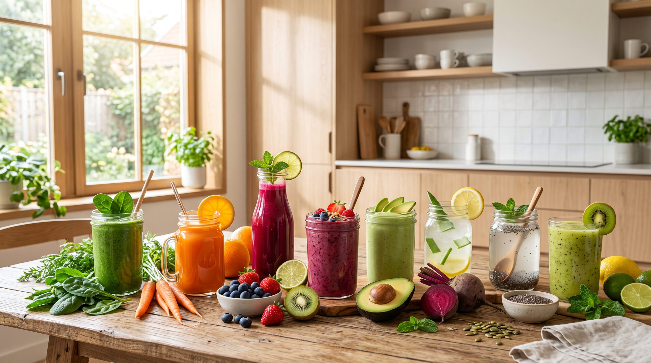 Colorful homemade natural drinks for healthy hair growth, including green smoothies, fresh fruit juices, beetroot juice, carrot juice, and berry smoothies made with nutrient-rich ingredients.