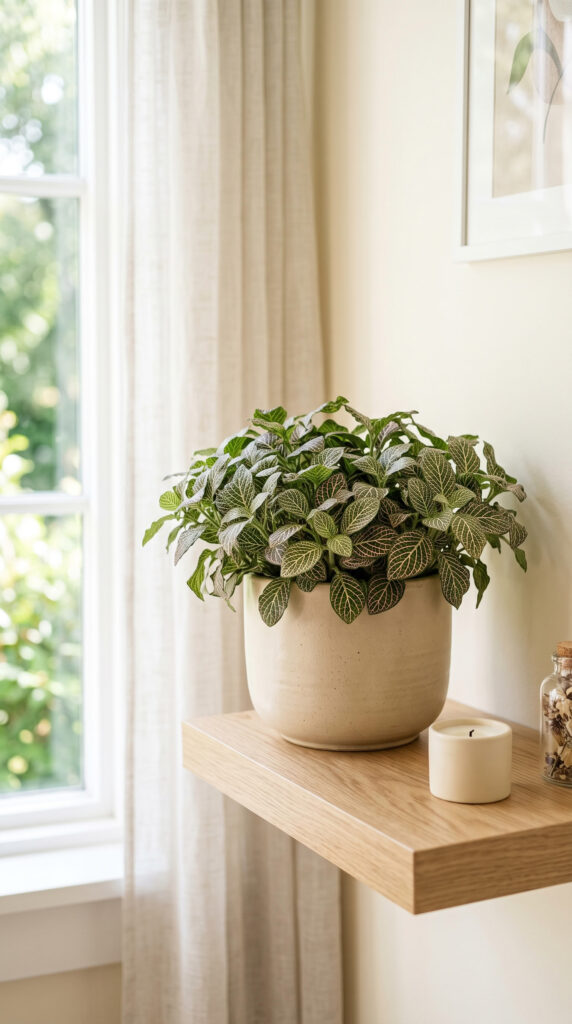 Colourful Nerve Plant (Fittonia) with white and pink veined leaves growing in a ceramic planter in a bright indoor space.