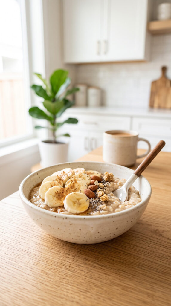 A bowl of oatmeal topped with banana slices, blueberries, and a drizzle of honey.