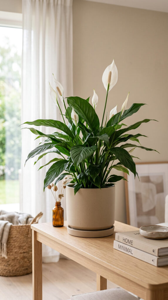 Elegant Peace Lily with glossy green leaves and white flowers in a ceramic pot inside a bright home.
