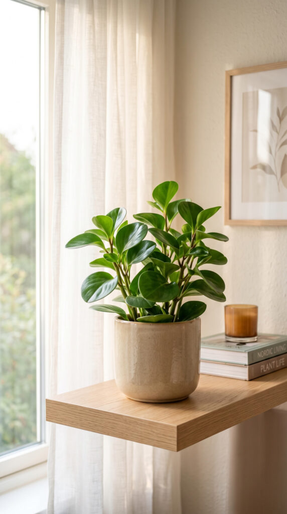 Compact Peperomia with thick glossy green leaves displayed in a stylish ceramic pot on a wooden shelf.