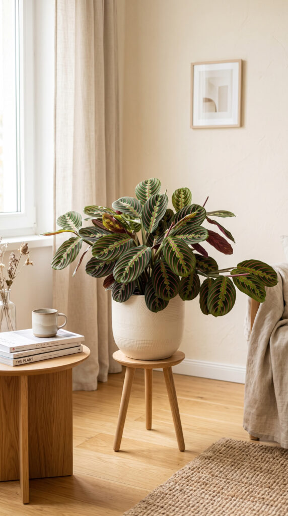 Healthy Prayer Plant (Maranta) with striking patterned green leaves in a ceramic pot, thriving in indirect indoor light.