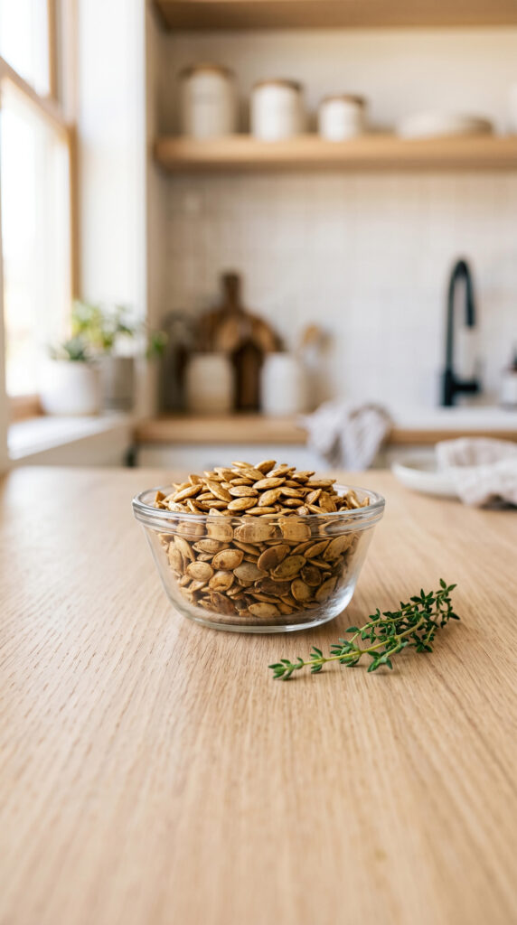 Pumpkin seeds in a small glass bowl with a sprig of fresh herb nearby.