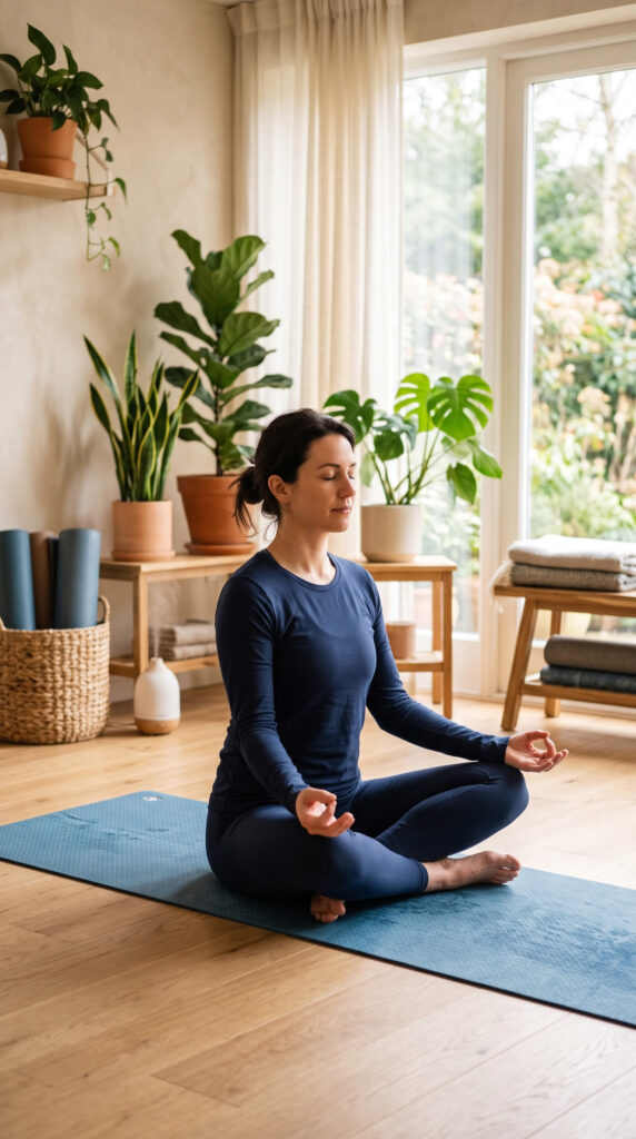 Woman sitting upright on a yoga mat performing quick Kegel squeezes in a modern wellness studio.