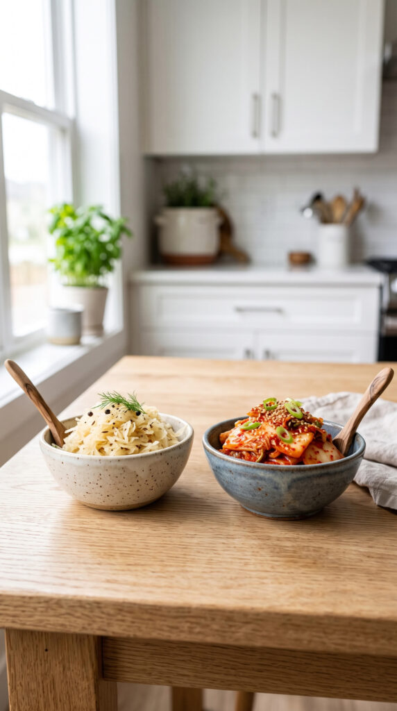A bowl of sauerkraut beside a bowl of kimchi on a wood table.