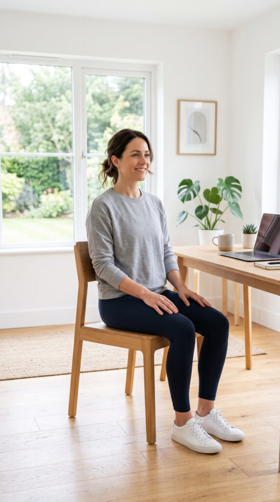 Woman sitting on a chair with proper posture while performing a seated Kegel exercise at home.