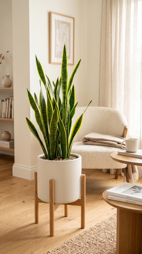 Healthy Snake Plant with tall upright green leaves in a modern ceramic pot, perfect for low-light indoor spaces.