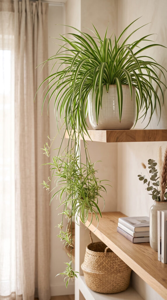 Flourishing Spider Plant with arching striped leaves and baby plantlets in a ceramic hanging pot.