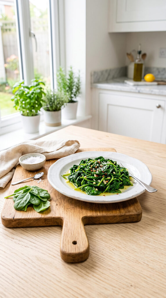 Sautéed spinach on a white plate beside a wooden cutting board.