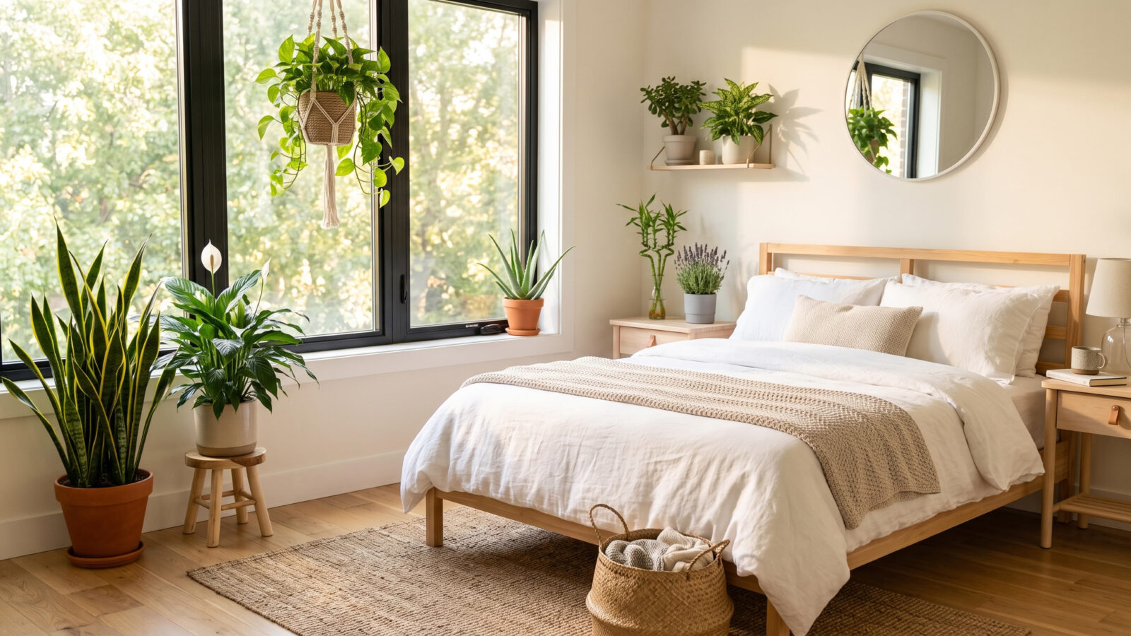 A bright modern bedroom decorated with healthy indoor plants including a snake plant, peace lily, pothos, lucky bamboo, aloe vera, lavender, and jade plant, creating a calm and peaceful atmosphere with natural morning sunlight.